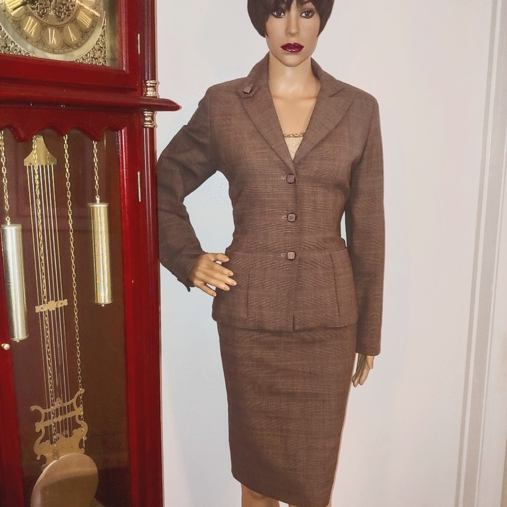 BILL BLASS 8 M/L HERRINGBONE BROWN TAN WOOL MODERN VTG TAILORED FIT SKIRT SUIT - Picture 12 of 14